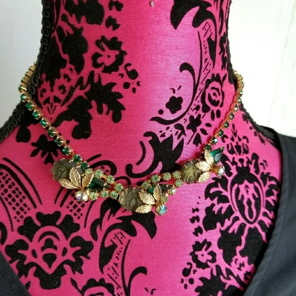 Relisted- Vintage necklace green rhinestones givre rose choker gold leaf leaves - Picture 3 of 8